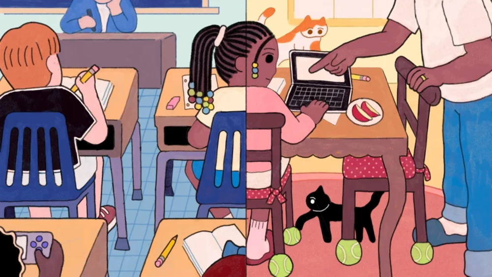 Animated image of a child in a divided classroom. Half the image is in a regular classroom and the other half in an at-home learning environment.