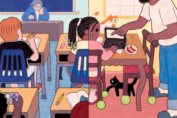 Animated image of a child in a divided classroom. Half the image is in a regular classroom and the other half in an at-home learning environment.